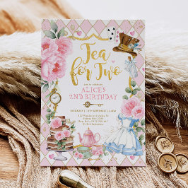 Rosa Guld Tea for Two Alice i Wonderland Birthday Inbjudningar