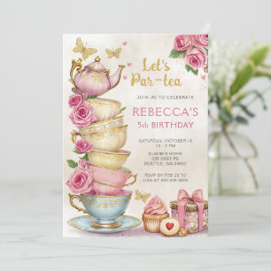 Rosa Guld Tea Party Girl Birthday Inbjudningar