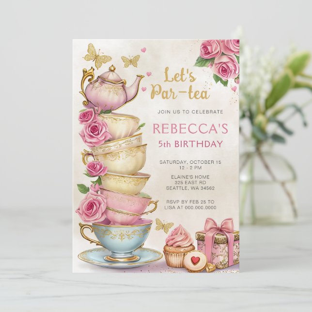 Rosa Guld Tea Party Girl Birthday Inbjudningar (Stående Fram)