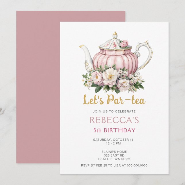 Rosa Guld Tea Party Girl Birthday Inbjudningar (Fram/baksida)