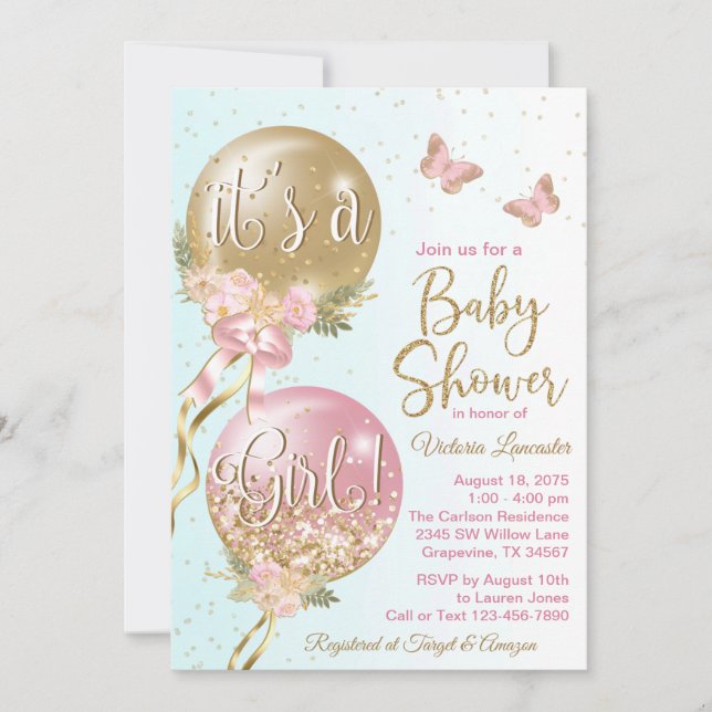 Rosa Guld Teal Balloons Butterflies Baby Shower Inbjudningar (Framsida)