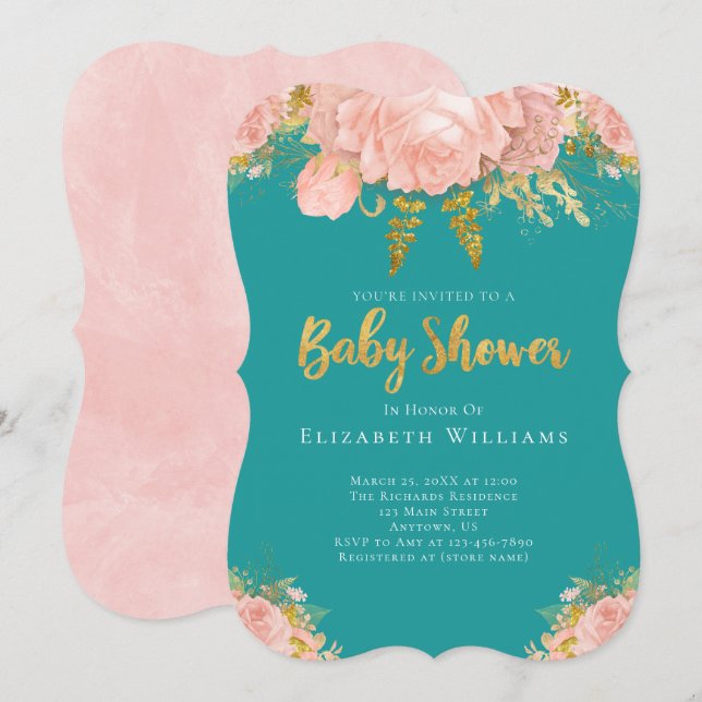  Rosa Guld Teal Flower Girl Baby Shower Inbjudningar (Fram/baksida)