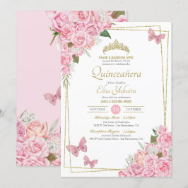  Rosa Guld Tiara Blommigt Butterfly Quinceanera Inbjudningar