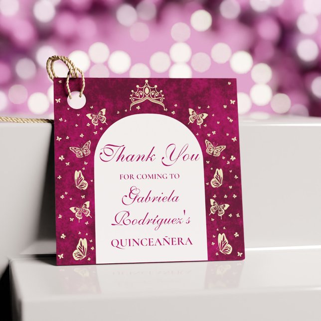 Rosa Guld Tiara Butterflies 15 år gammal Tack Gåvor Etiketter (Pink Gold Tiara Butterflies 15 years old Thank You Favor Tags)