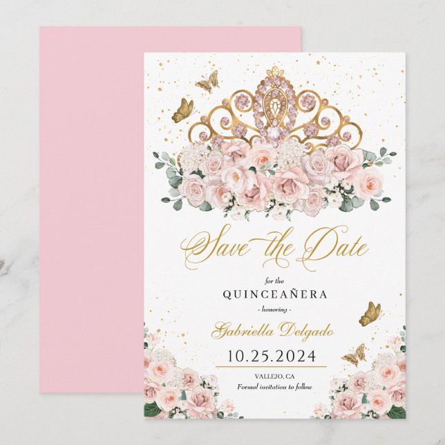  Rosa & Guld Tiara Spara datumet Quinceañera Inbjudningar (Fram/baksida)