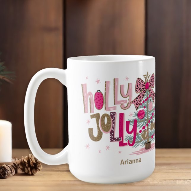 Rosa Guld Träd Holly Jolly jul Kaffemugg (Pink and leopard print "Holly Jolly" Christmas tree coffee mug)