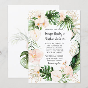 Rosa Guld Tropical Greenery Wandeine Bröllop Inbjudningar