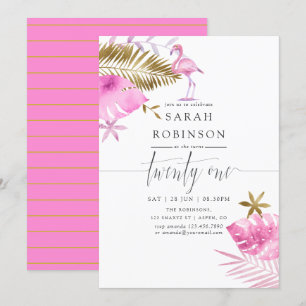 Rosa & Guld Tropisk Flamingo 21-årsfest Inbjudningar