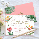 Rosa Guld Tropiska Bat mitzvah Blommigten Handflat Spara Datumet<br><div class="desc">Se till att alla dina vänner och släktingar kan fira din dotters milstolpe Bat mitzvah! Skicka ut den här chicen, personligen "Spara datummeddelande". Fläktande, färgstarka, tropiska vattenfärgfåglar av paradisblommor, handskrivet faux guld-skript, stjärnan av David- och glitter-punkter, tillsammans med ro rosa- och grått-modern sans serif-typ, täcker över en ren vit bakgrund....</div>