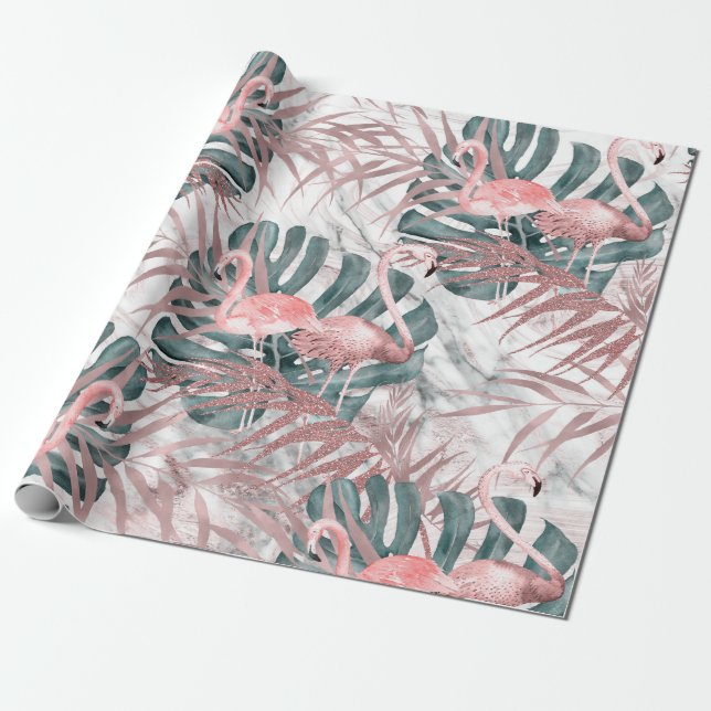 Rosa Guld Tropiska Flamingos Blad & Marmor Party Presentpapper (Utrullad)