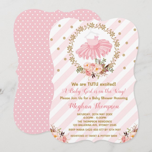 Rosa Guld Tutu Baby Shower Inbjudan Ballerina Ball (Fram/baksida)