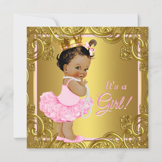 Rosa guld tutu etniskt prinsessa baby shower inbjudningar (Framsida)
