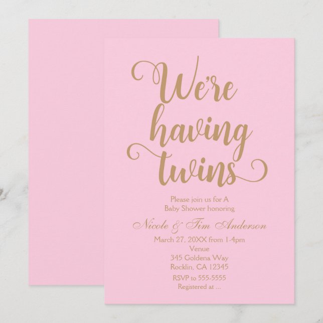 Rosa & Guld Tvillingar Baby Shower Inbjudningar (Fram/baksida)