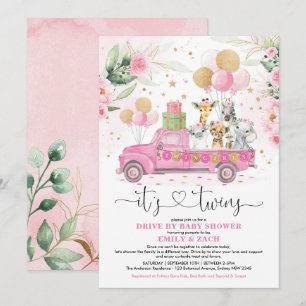Rosa Guld Twin Girls Safari Drive by Baby Shower Inbjudningar