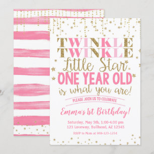 Rosa & Guld Twinkle Little Star 1:a födelsedag Inbjudningar