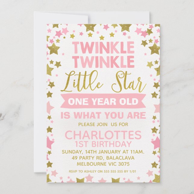 Rosa Guld Twinkle twinkle Little Star Birthday Inbjudningar (Framsida)