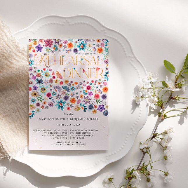 Rosa Guld Typography Boho Blommigt Bröllop Rehears Inbjudningar (Front)