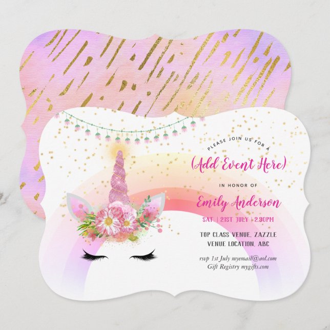 Rosa Guld Unicorn Ansikte bjuder EY EVENT Inbjudningar (Fram/baksida)