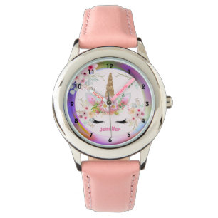 Rosa Guld Unicorn Ansikte Flowers Girls-gåvor från Armbandsur