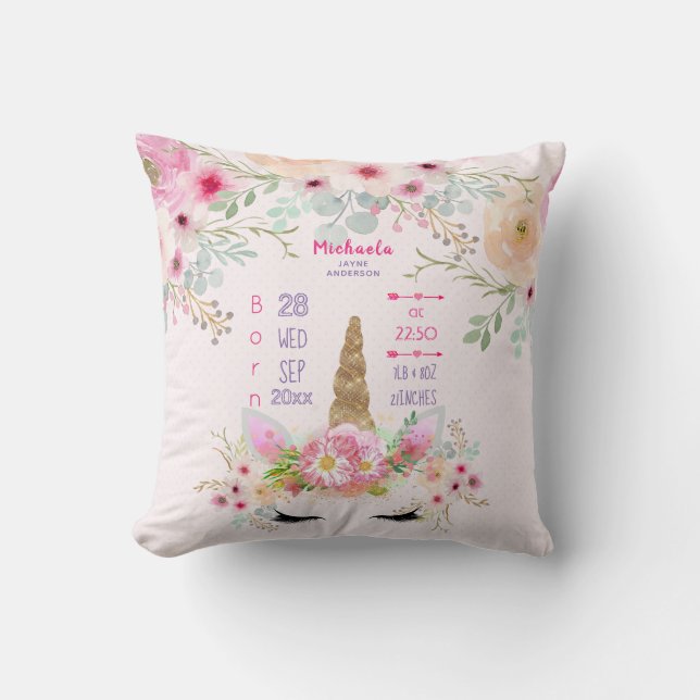 Rosa Guld Unicorn Ansikte Girls Baby Stats vid Gli Kudde (Framsida)