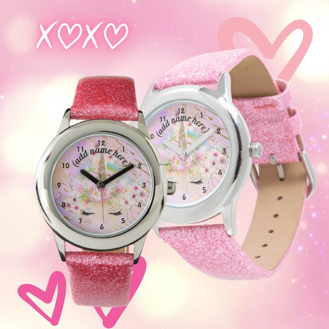 Rosa Guld Unicorn Ansikte Rainbow Girls Gift Armbandsur (Skapare uppladdad)