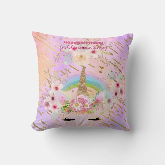 Rosa Guld Unicorn Ansikte Rainbow Girls Gift Kudde (Framsida)