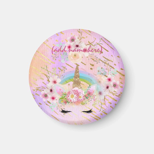 Rosa Guld Unicorn Ansikte Rainbow Girls Gift Magnet (Framsidan)
