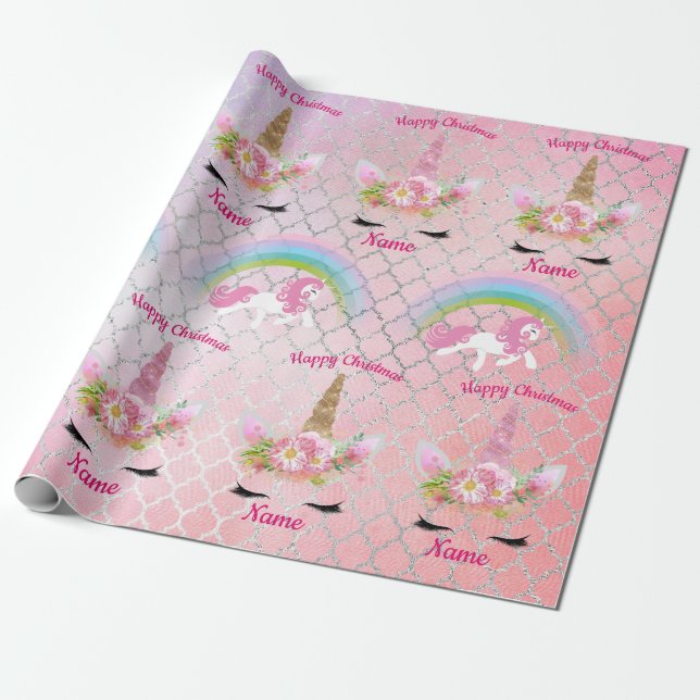 Rosa Guld Unicorn Ansikte Rainbow Girls Gift Presentpapper (Utrullad)