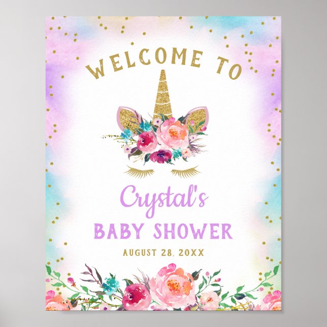 Rosa Guld Unicorn Blommigt Baby Shower Välkomstsky Poster (Framsidan)