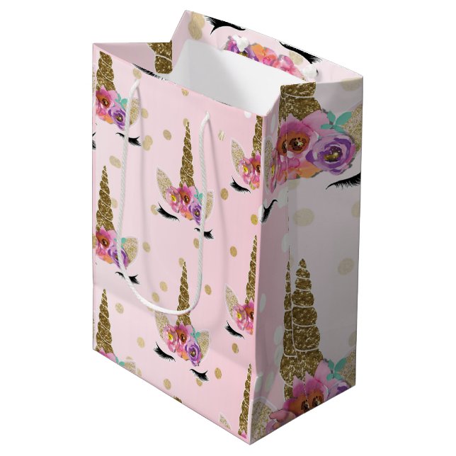 Rosa & Guld Unicorn Blommigt Horn Födelsedagsfest (Framsidan Vinklad)