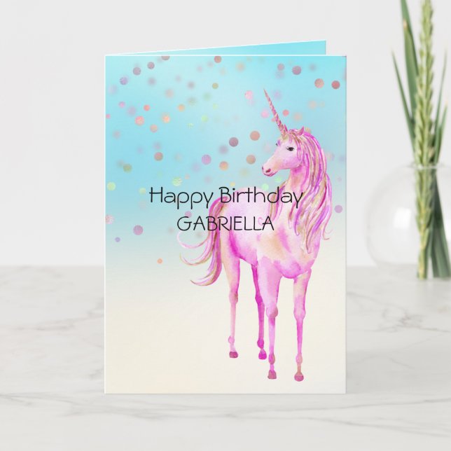 Rosa Guld Unicorn Confetti Personlig Namn Kort (Framsida)
