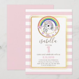 Rosa Guld Unicorn First Birthday Inbjudan