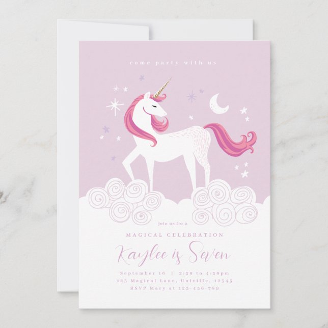 Rosa Guld Unicorn Födelsedagsfest Inbjudan Girl Gi (Framsida)
