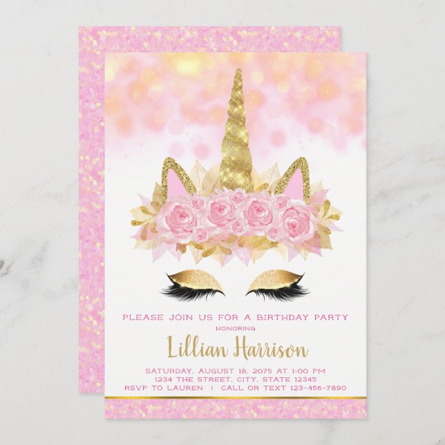 Rosa Guld Unicorn Födelsedagsfest Inbjudningar (Fram/baksida)