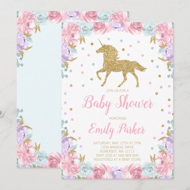 Rosa guld- Unicorn för Unicornbaby showerinbjudan Inbjudningar (Fram/baksida)