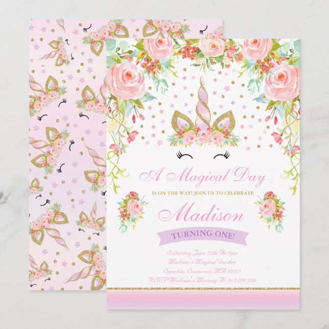 Rosa guld- Unicorn för Unicornfödelsedaginbjudan Inbjudningar (Fram/baksida)