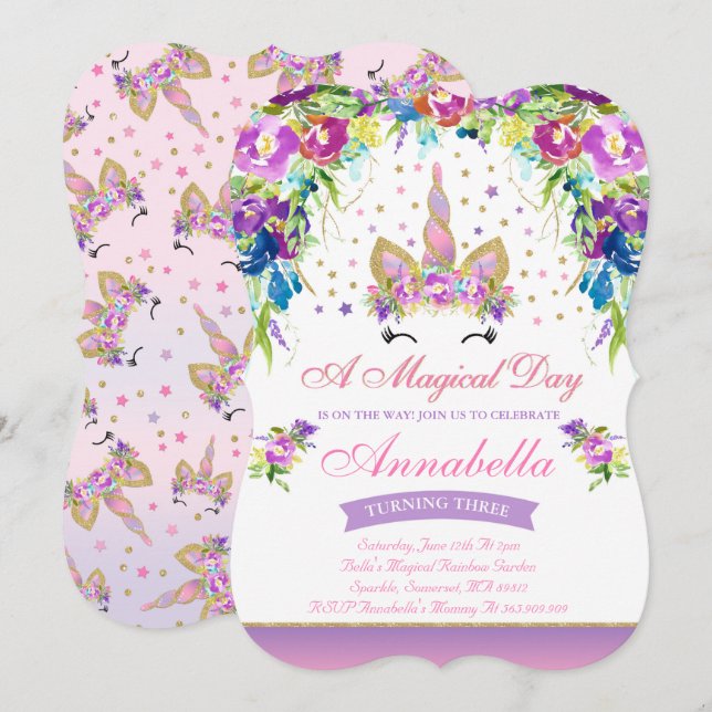 Rosa guld- Unicorn för Unicornfödelsedaginbjudan Inbjudningar (Fram/baksida)