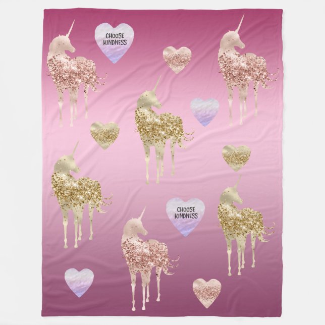 Rosa Guld Unicorn Hearts Ombre Fleecefilt (Framsidan)