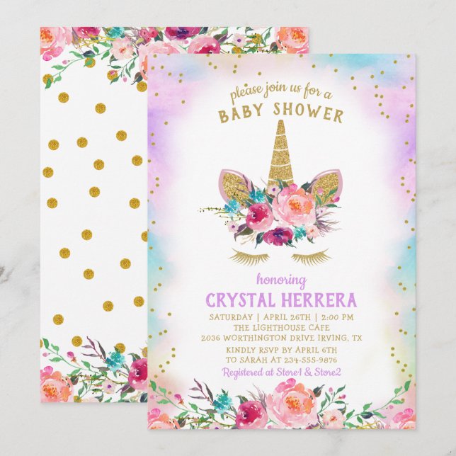 Rosa & Guld Unicorn Snygg Blommigt Baby Shower Inbjudningar (Fram/baksida)
