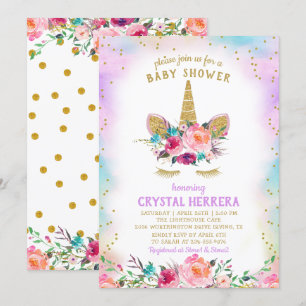 Rosa & Guld Unicorn Snygg Blommigt Baby Shower Inbjudningar