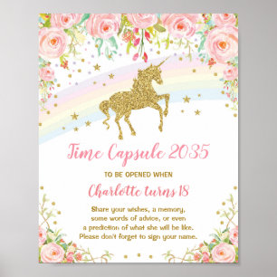 Rosa Guld Unicorn Time Capsule First Birday Sign Poster
