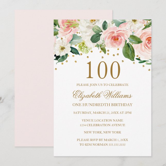 Rosa guld vattenfärg blommig 100-årsdag inbjudningar (Fram/baksida)