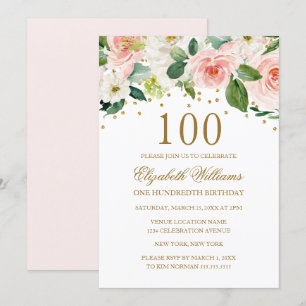 Rosa guld vattenfärg blommig 100-årsdag inbjudningar