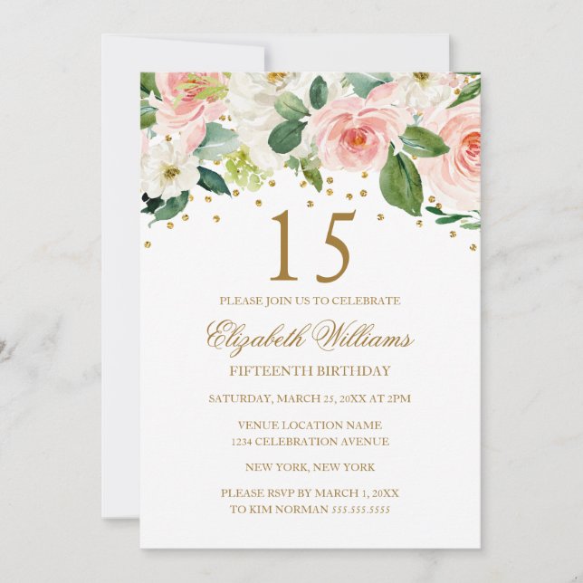 Rosa Guld Vattenfärg Blommig 15-årsdag Inbjudningar (Framsida)