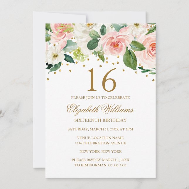 Rosa guld vattenfärg blommig 16-årsdag inbjudningar (Framsida)