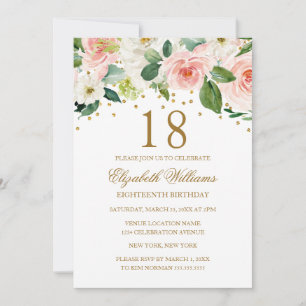 Rosa Guld Vattenfärg Blommig 18-årsdag Inbjudningar