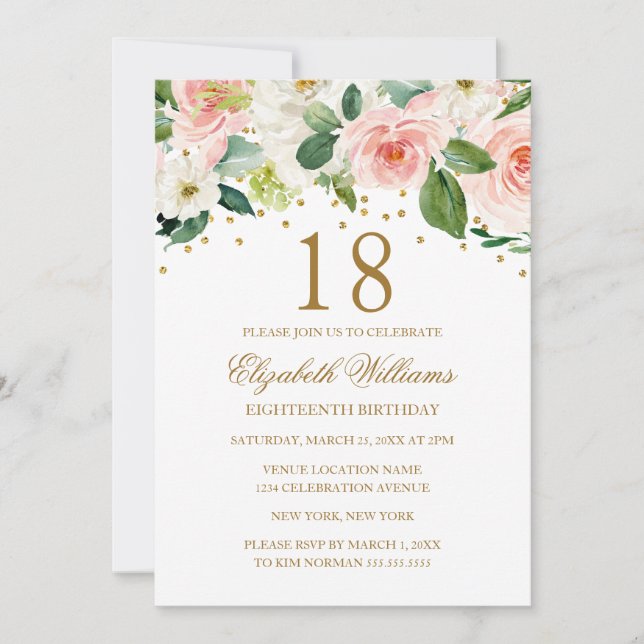 Rosa Guld Vattenfärg Blommig 18-årsdag Inbjudningar (Framsida)