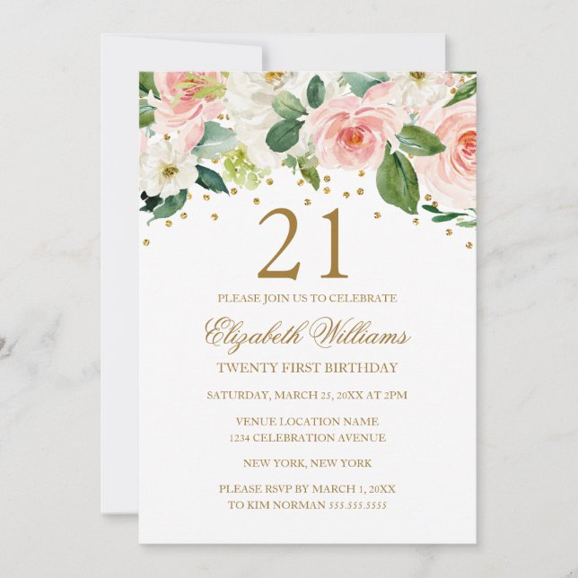 Rosa Guld Vattenfärg Blommig 21-årsdag Inbjudningar (Framsida)