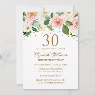 Rosa Guld Vattenfärg Blommig 30-års Födelsedag Inbjudningar