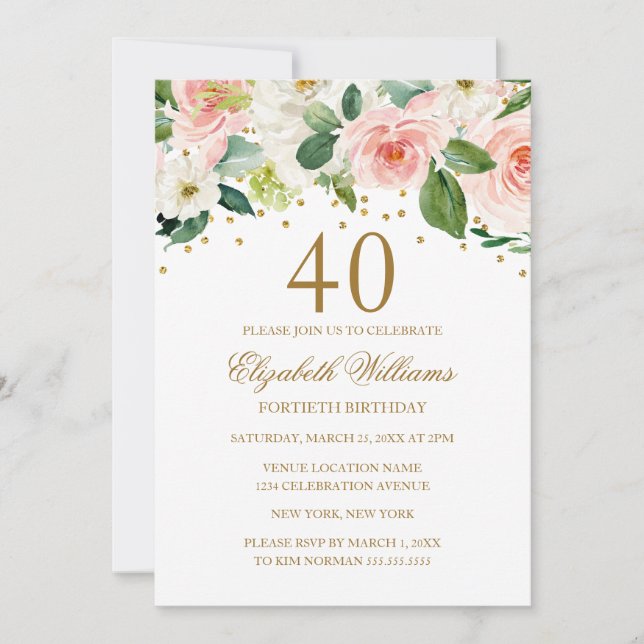 Rosa Guld Vattenfärg Blommig 40-årsdag Inbjudningar (Framsida)